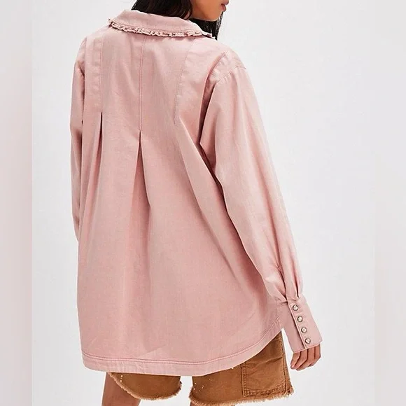 Free People Charlie Denim Button Down with Pearl Snap- Pink Denim - Picture 10 of 10